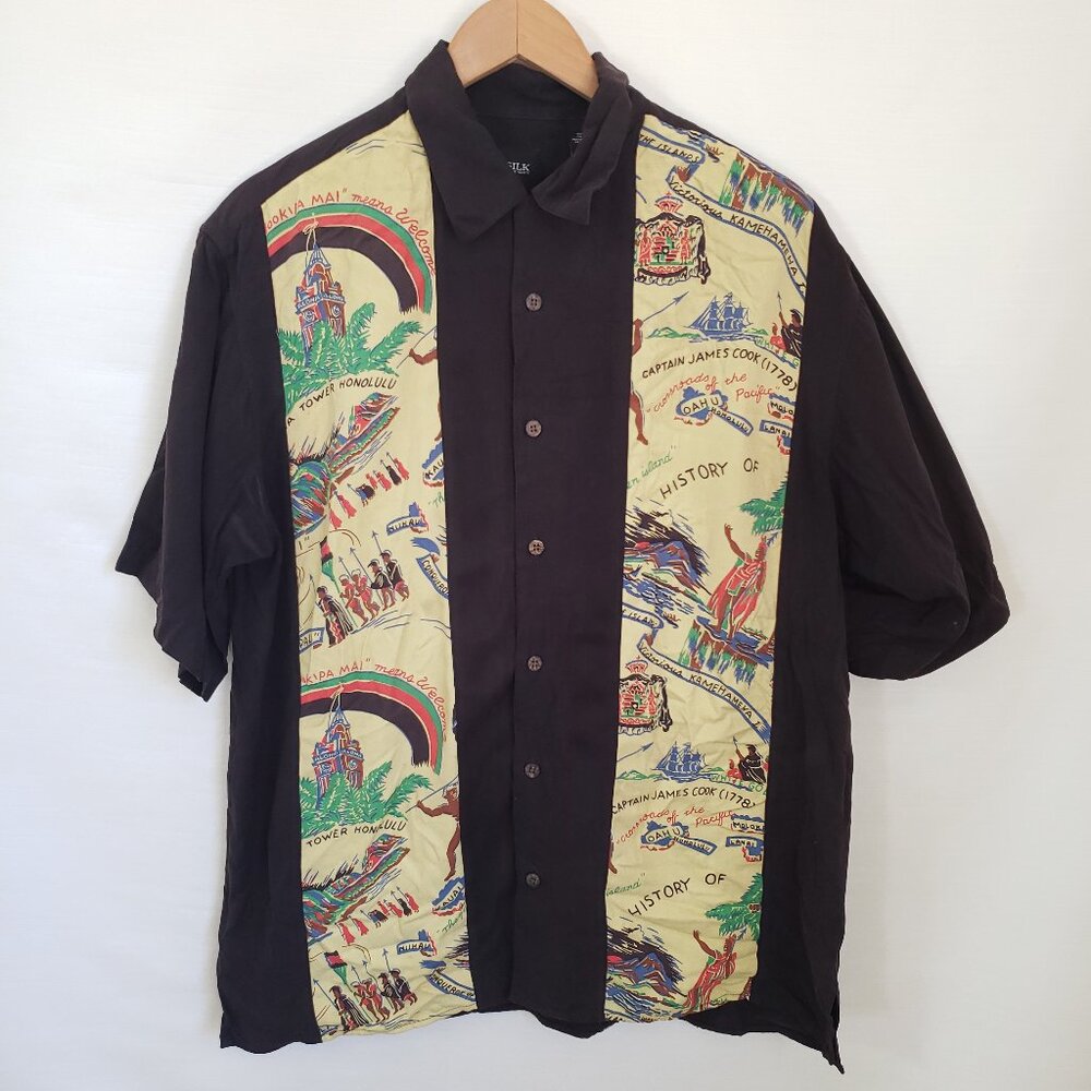 Vintage "Silk Icon" Hawaiian Shirt Retro Islands Colorblock Map print Shirt L